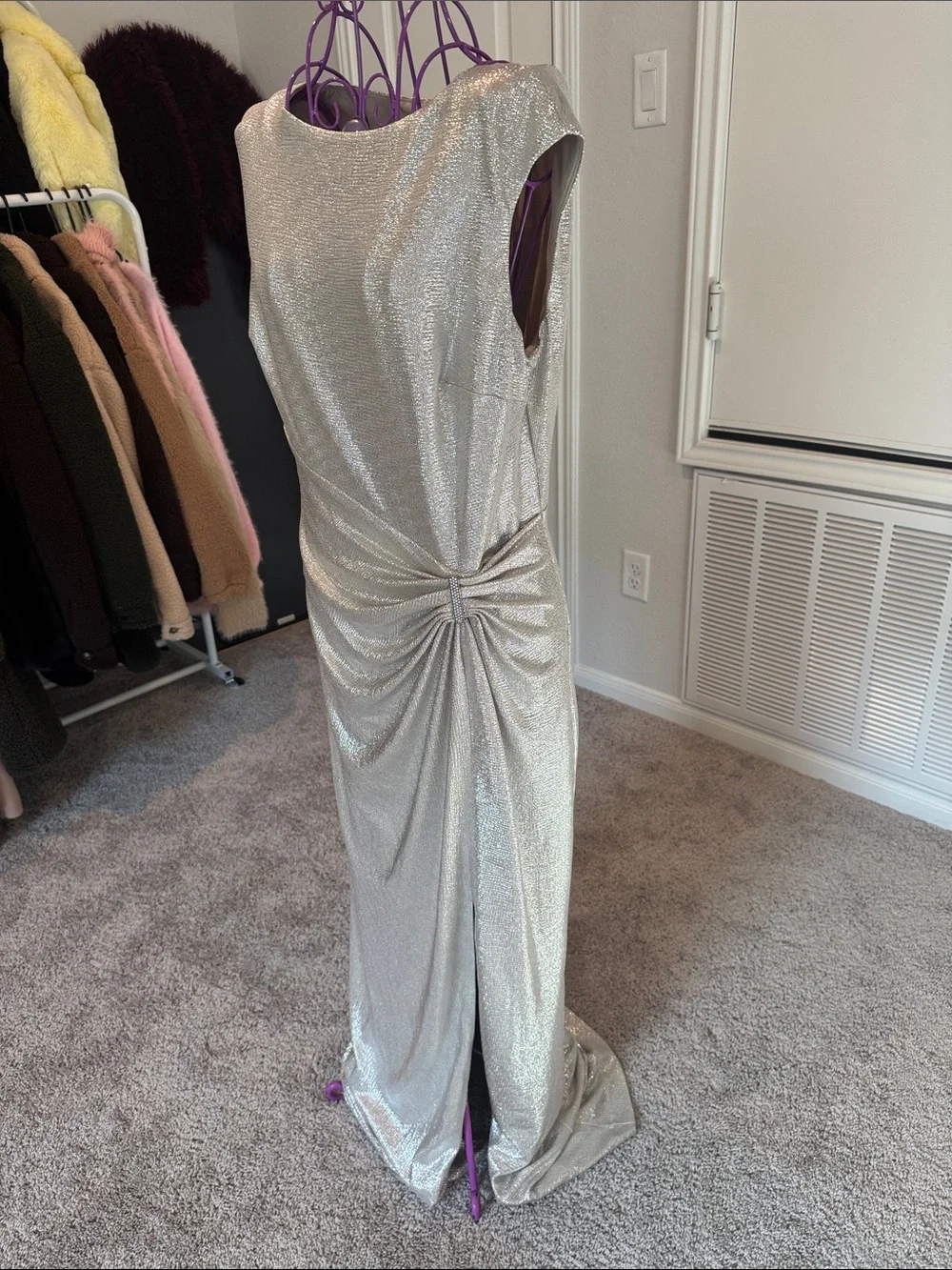 Ralph Lauren Silver Metallic Sleeveless Maxi Dress with Side Knot - Picture 3 of 5